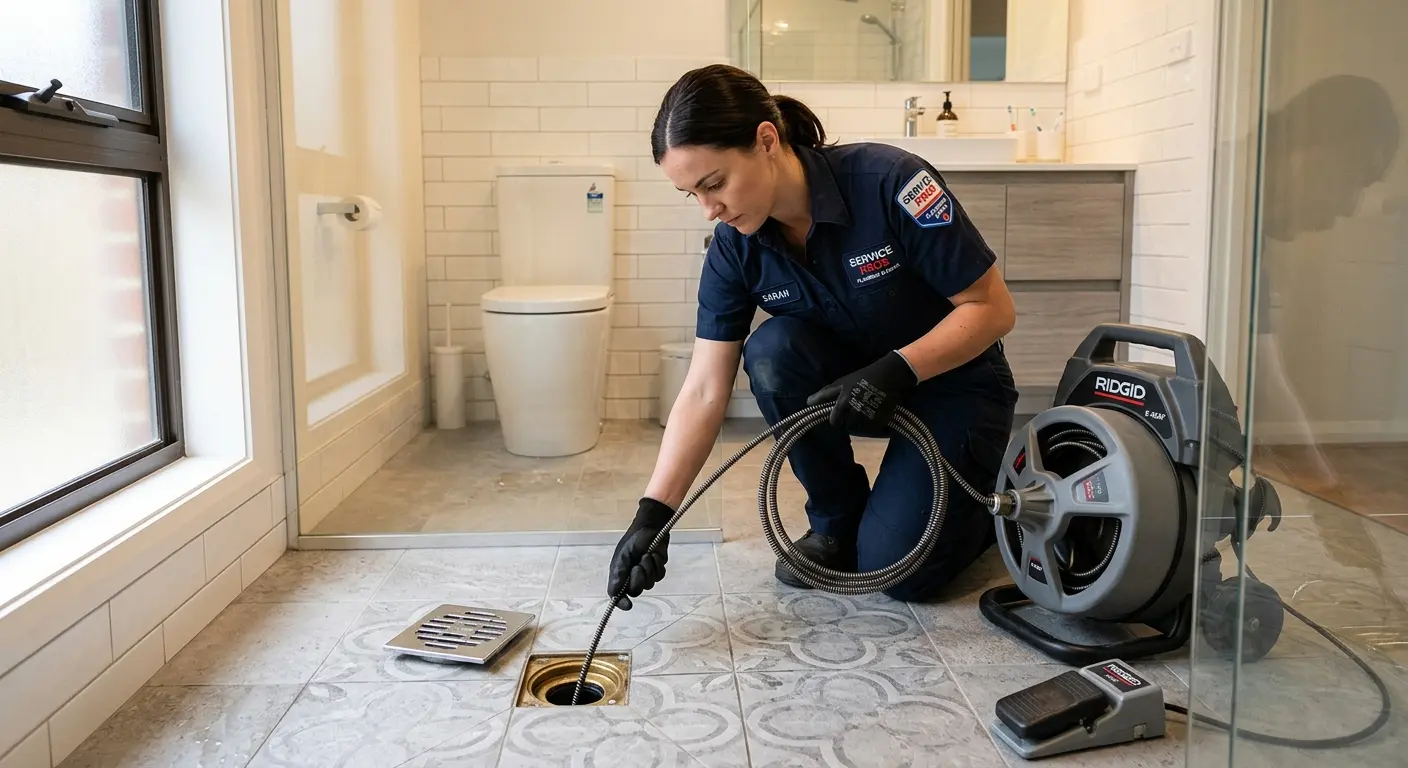 Technician clearing a bathroom floor drain for Sewer Line Installation in Wheeling